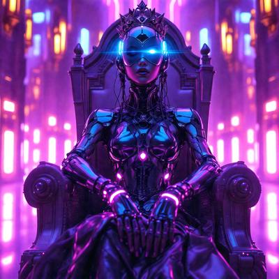 The primary subject of the image is a woman sitting on a purple chair. She is wearing a futuristic outfit and has a glowing crown on her head. The setting appears to be a futuristic environment, possibly a space station or a futuristic room. The visual style of the image is digital art, as it is a well-crafted and detailed illustration. The dominant colors in the image are purple and blue, creating a futuristic and otherworldly atmosphere.